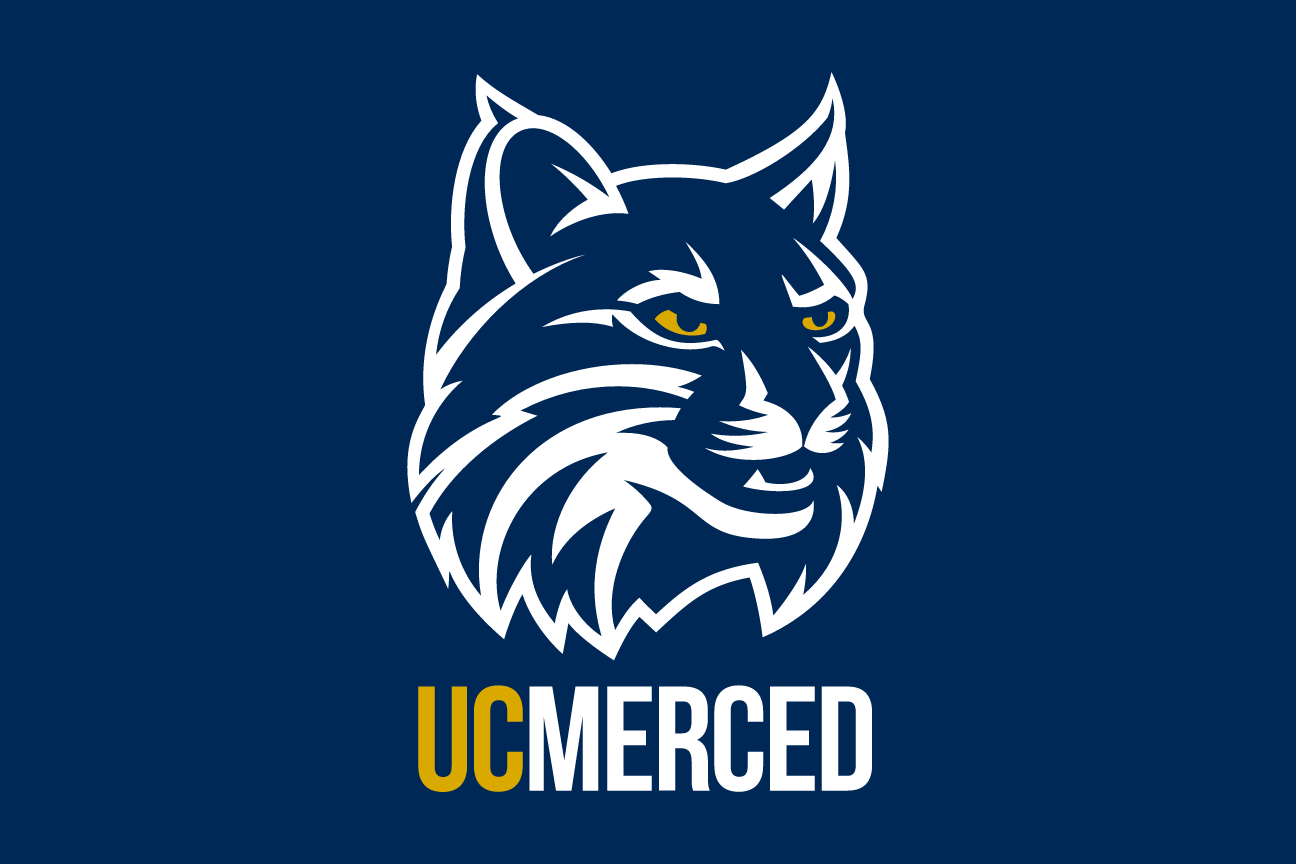 M lettermark with tagline and UC Merced wordmark, white/gold on navy variant, cell 45