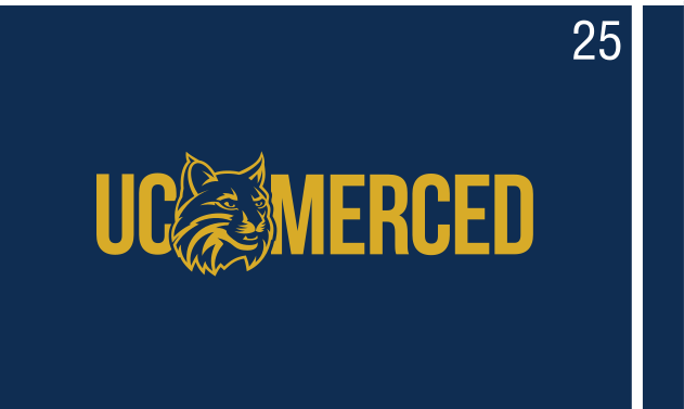 UC Merced wordmark with bobcat head, gold on navy variant, cell 25