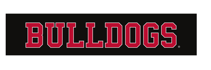 BULLDOGS wordmark, red/white outline on black variant