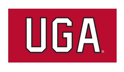 UGA wordmark, white/black outline on red variant