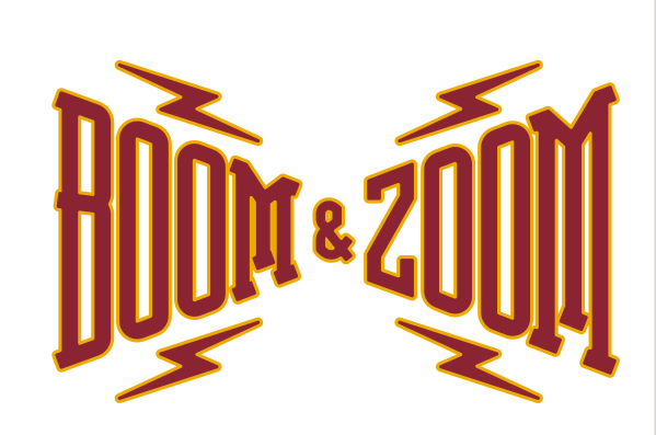 BOOM & ZOOM wordmark, maroon and gold variant, cell 21