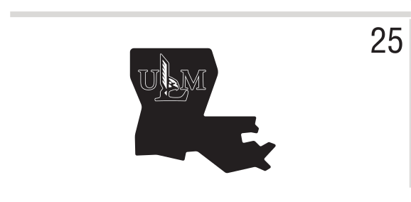 Louisiana state outline with ULM logo, black on white variant, cell 25