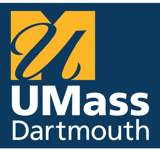 UMass Dartmouth logo, color, stacked, reverse variant, cell 2