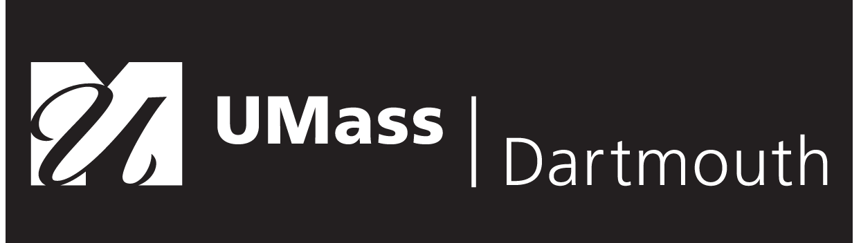 UMass Dartmouth logo, white, horizontal, reverse variant, cell 8