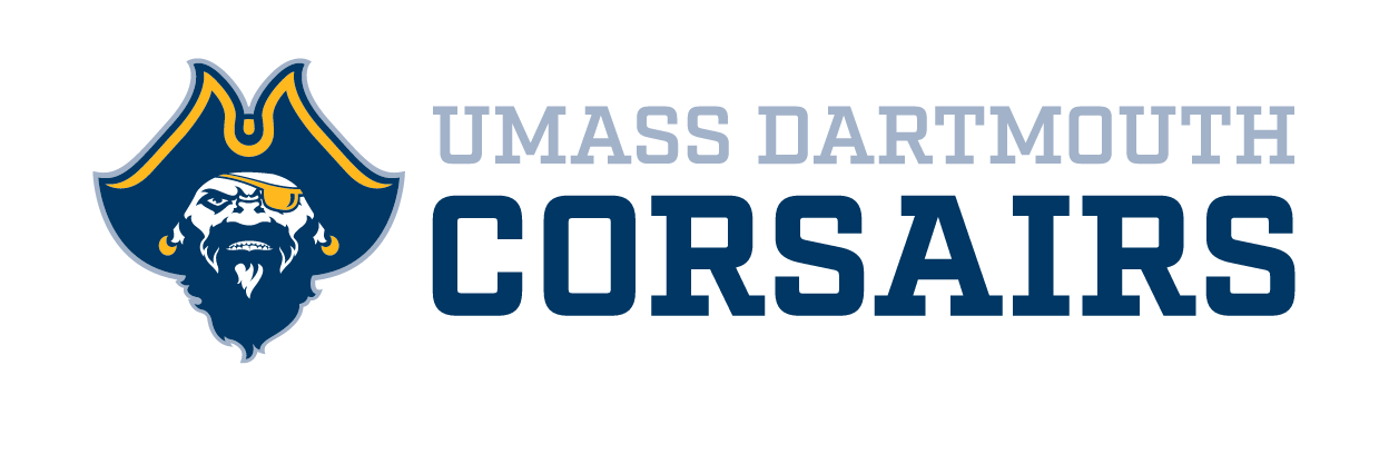 UMass Dartmouth Corsairs lockup, full color with grey text variant, cell 6