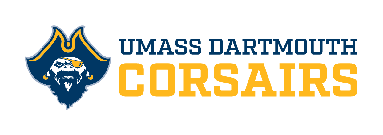 UMass Dartmouth Corsairs lockup, full color with yellow text variant, cell 7