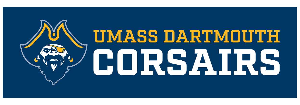 UMass Dartmouth Corsairs lockup, full color with white text on navy background variant, cell 8