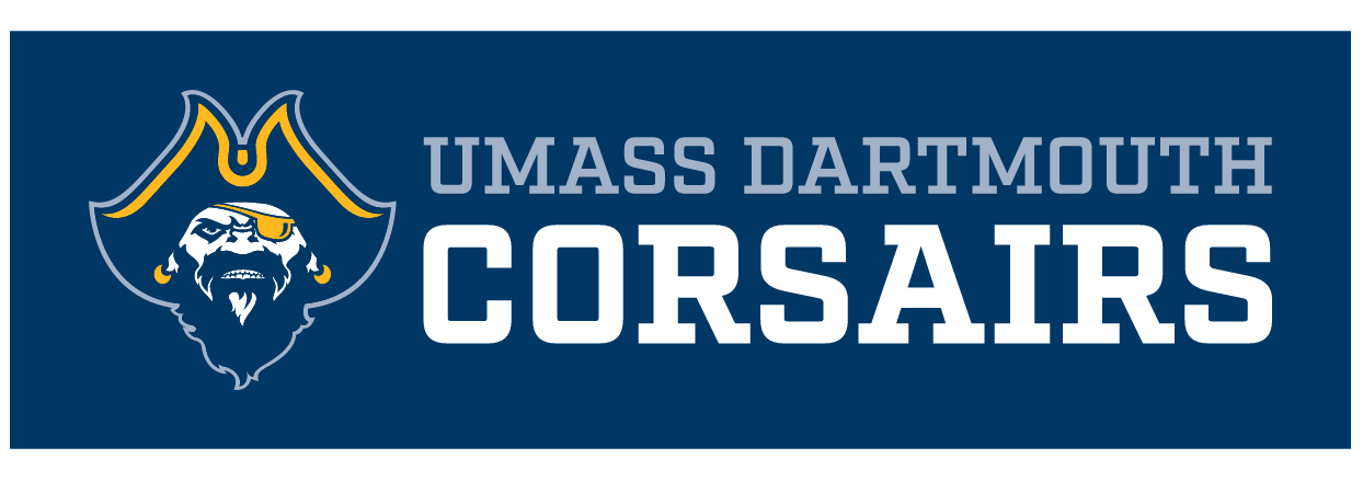UMass Dartmouth Corsairs lockup, full color with white text on navy background variant, cell 9