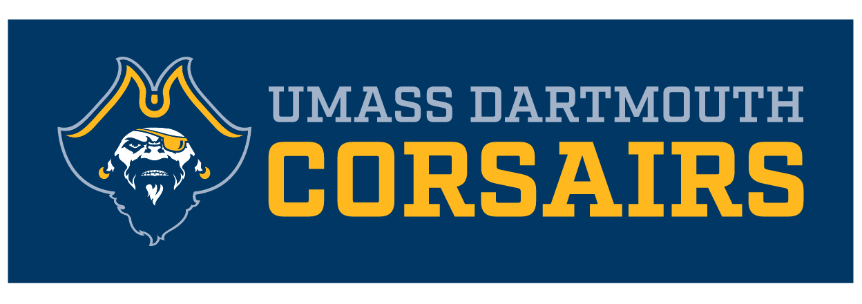 UMass Dartmouth Corsairs lockup, full color with yellow text on navy background variant, cell 10