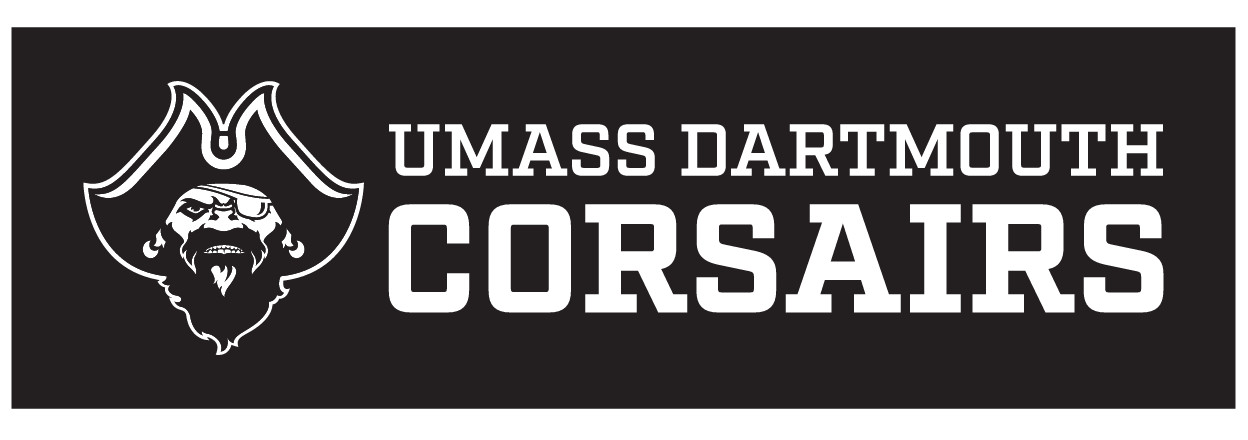 UMass Dartmouth Corsairs lockup, white outline on black background variant, cell 12