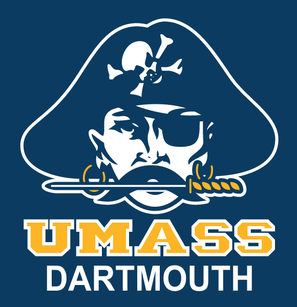 Corsair head with UMASS DARTMOUTH wordmark, white outline on blue variant, cell 6