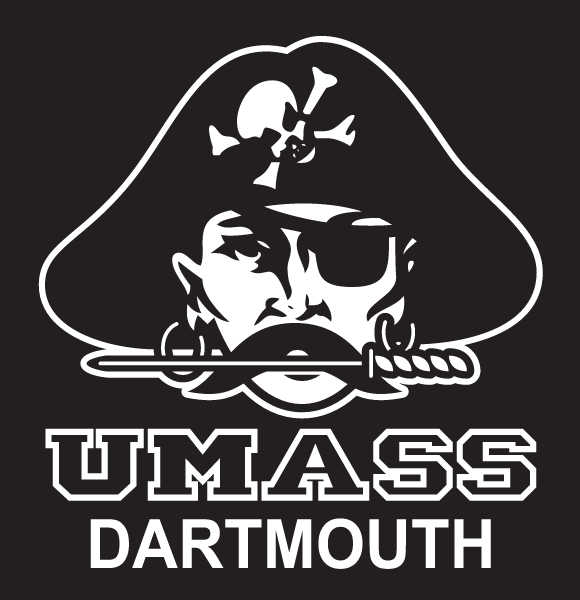 Corsair head with UMASS DARTMOUTH wordmark, white outline on black variant, cell 8