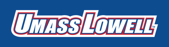 UMass Lowell wordmark, full color on blue background variant, cell 14
