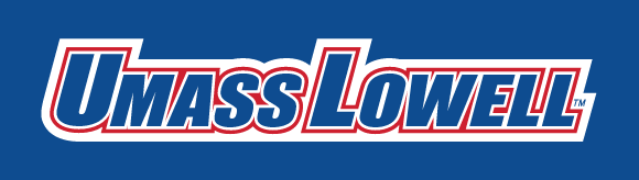 UMass Lowell wordmark, white and red on blue background variant, cell 16