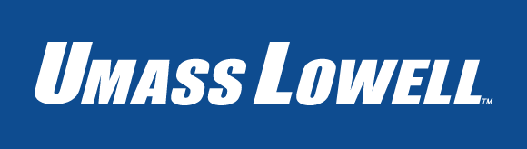 UMass Lowell wordmark, white on blue background variant, cell 18