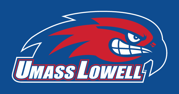 UMass Lowell River Hawks primary logo, full color on blue background variant, cell 2