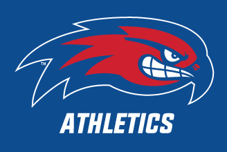 River Hawk head, full color with Athletics text on blue background variant, cell 62