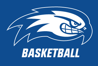 River Hawk head, white outline with Basketball text on blue background variant, cell 76