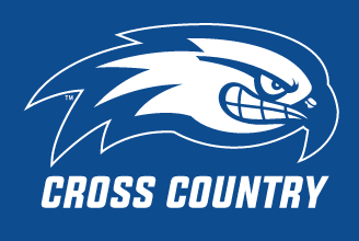 River Hawk head, white outline with Cross Country text on blue background variant, cell 82