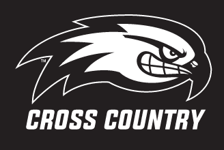 River Hawk head, white outline with Cross Country text on black background variant, cell 84