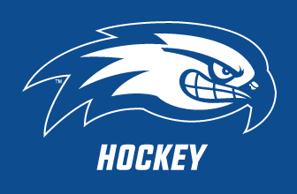 River Hawk head with HOCKEY text, white outline on blue background variant, cell 94