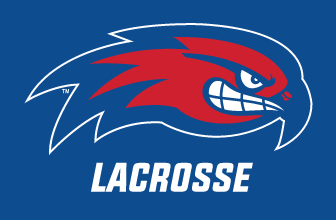 River Hawk head with LACROSSE text, full color on blue background variant, cell 98