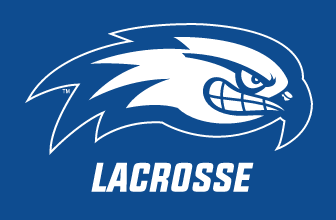 River Hawk head with LACROSSE text, white outline on blue background variant, cell 100