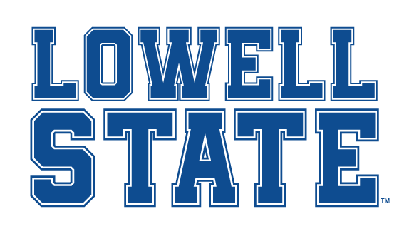 LOWELL STATE wordmark, blue with white outline variant, cell 1