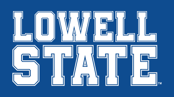 LOWELL STATE wordmark, white with blue outline variant, cell 2