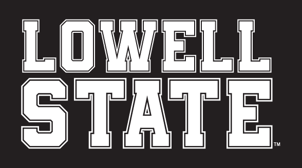 LOWELL STATE wordmark, white with black outline variant, cell 4