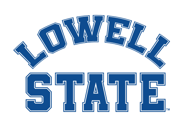 LOWELL STATE arched wordmark, blue with white outline variant, cell 5