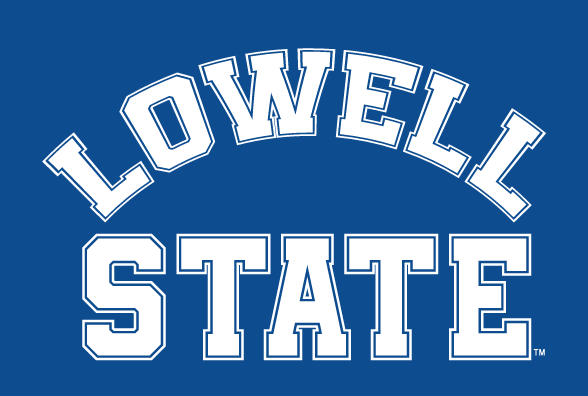LOWELL STATE arched wordmark, white with blue outline variant, cell 6