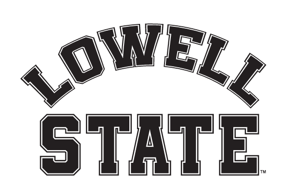 LOWELL STATE arched wordmark, black with white outline variant, cell 7