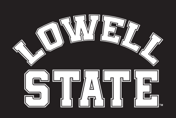 LOWELL STATE arched wordmark, white with black outline variant, cell 8