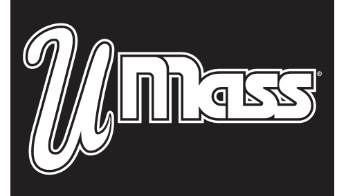 UMass wordmark, white with black outline on black background variant, cell 5