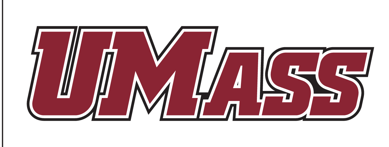 UMass wordmark, maroon with white and black outline variant, cell 1