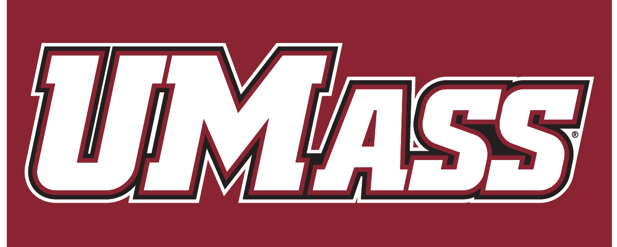 UMass wordmark, white with maroon and black outline variant, cell 2