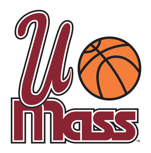 UMass wordmark with basketball, maroon and orange with white outline variant, cell 6