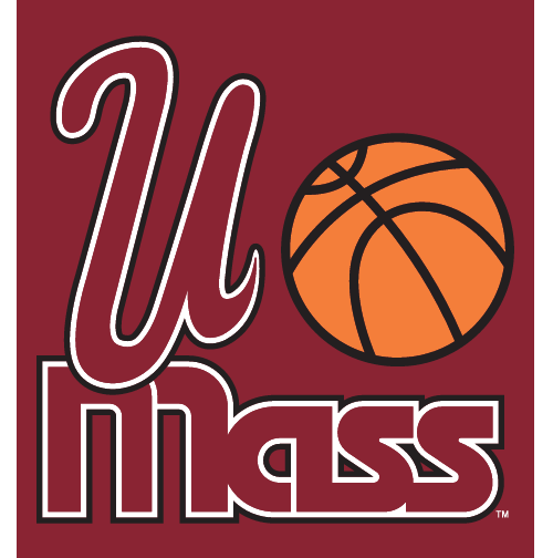 UMass wordmark with basketball, maroon and orange with white outline on maroon background variant, cell 7
