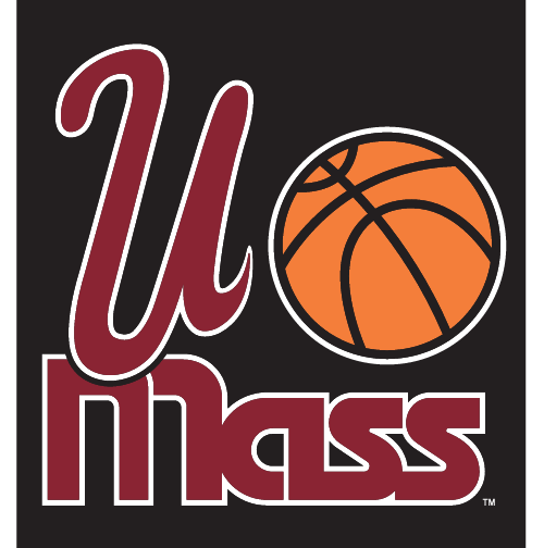 UMass wordmark with basketball, maroon and orange with white outline on black background variant, cell 8