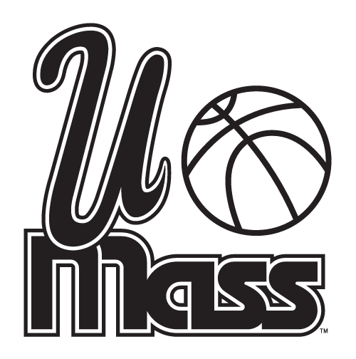 UMass wordmark with basketball, black and white with white outline variant, cell 9