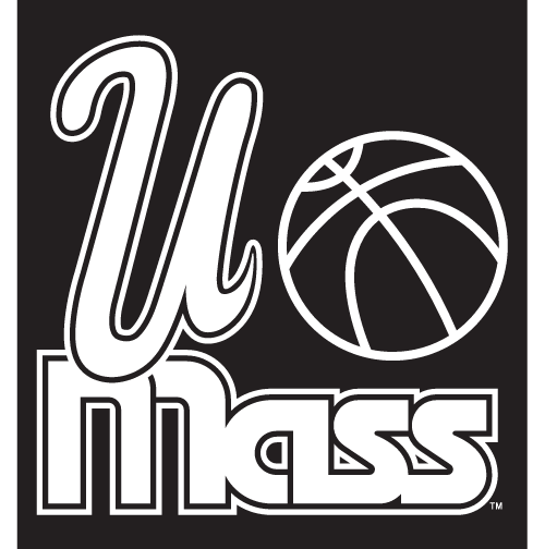 UMass wordmark with basketball, white and black with black outline on black background variant, cell 10