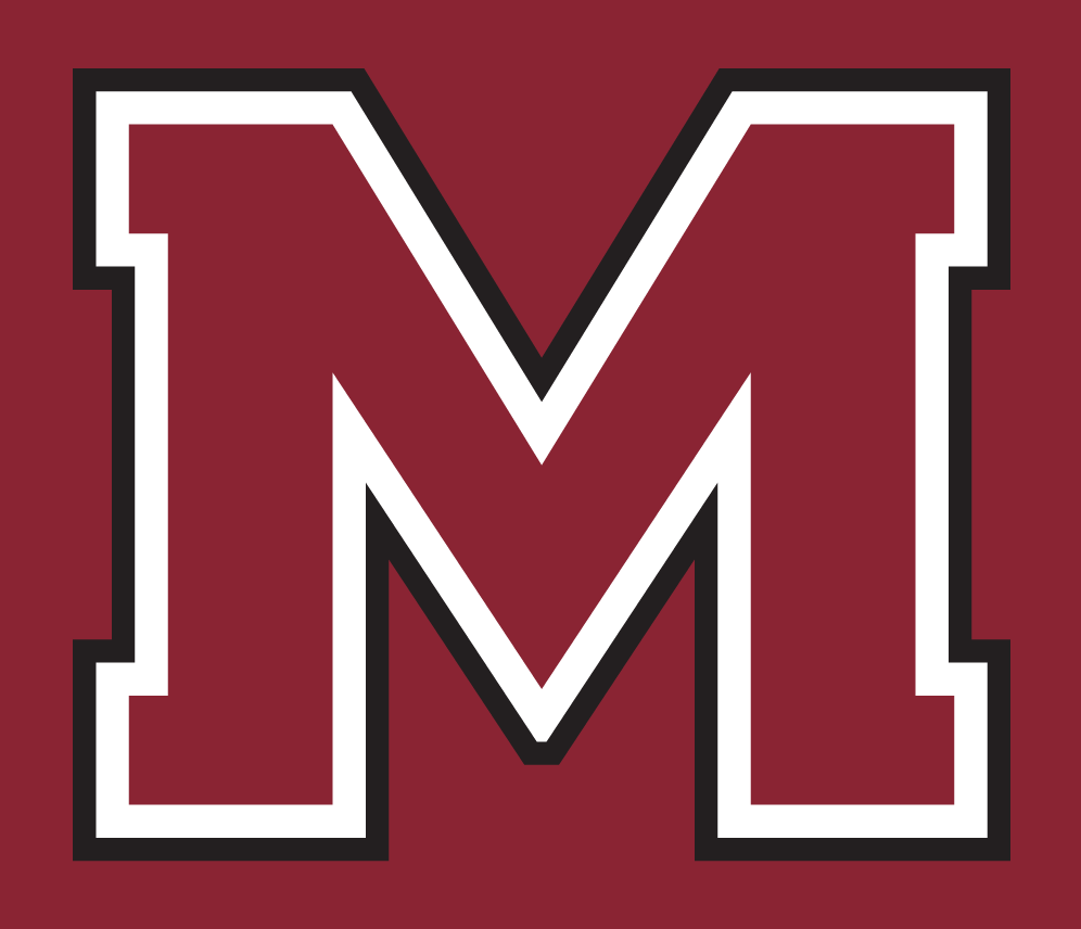 M lettermark, maroon with white and black outline on maroon background variant, cell 2