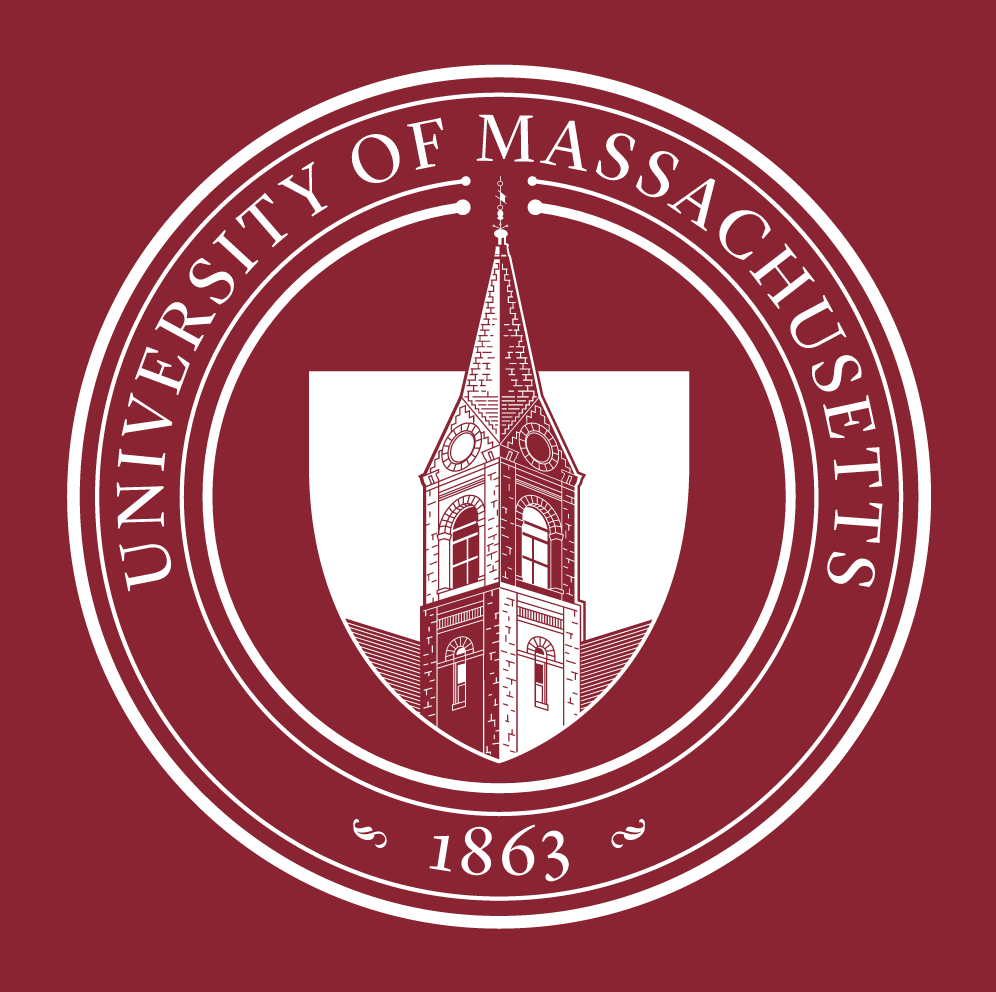UMass Amherst Formal Spire Seal, white on maroon background variant, cell 2
