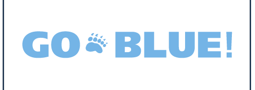 GO BLUE! wordmark, light blue text with bear paw variant, cell 50