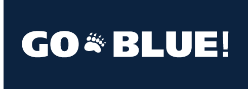 GO BLUE! wordmark, white text with bear paw on dark background variant, cell 51