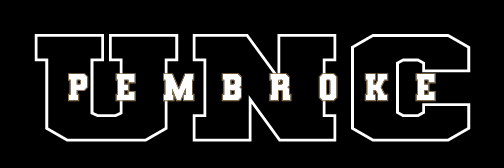 UNC Pembroke wordmark, white outline on black variant, cell 74