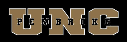 UNC Pembroke wordmark, gold with white outline on black variant, cell 77