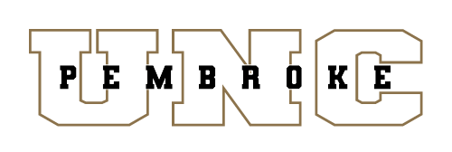 UNC Pembroke wordmark, white with gold outline variant, cell 79