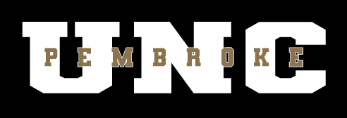 UNC Pembroke wordmark, white with gold outline on black variant, cell 80